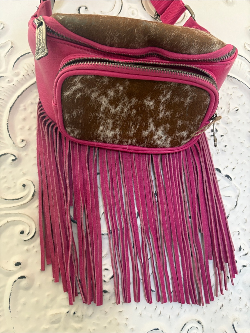 Hot Pink Fringe Crossbody Bag with Brown Cowhide Front